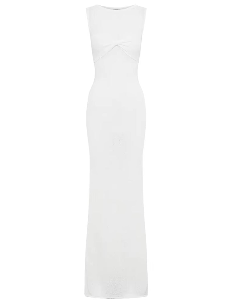 Summer Beach Knit Maxi Dress for Women Cover-Up Pink Sleeveless Twist Sundress Knitwear See-Through Maxi Bodycon Dress New