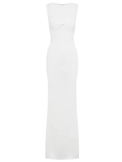 Summer Beach Knit Maxi Dress for Women Cover-Up Pink Sleeveless Twist Sundress Knitwear See-Through Maxi Bodycon Dress New