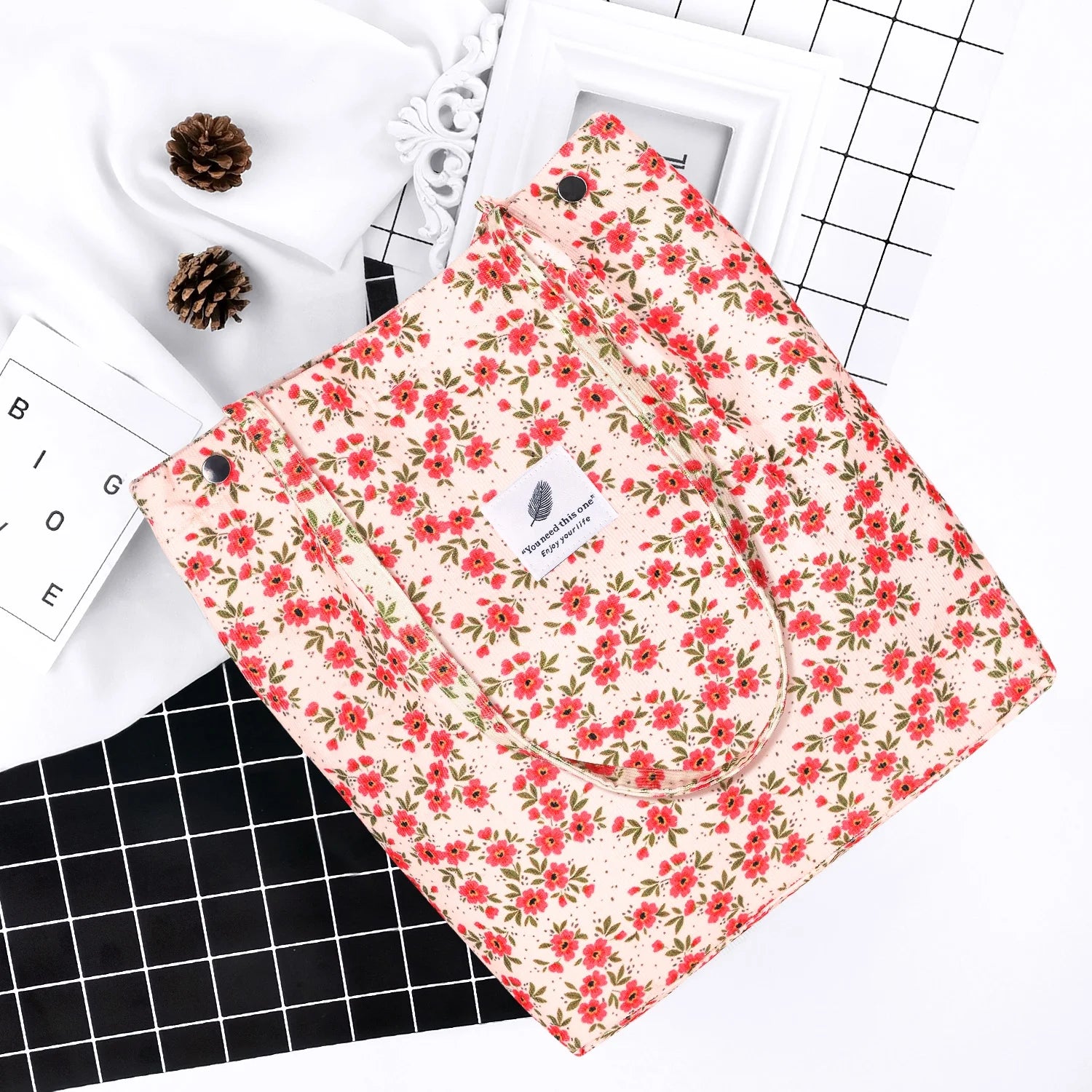 Corduroy Tote Bag with Inner Pocket, Large Canvas Shoulder Bag for Women and Girls