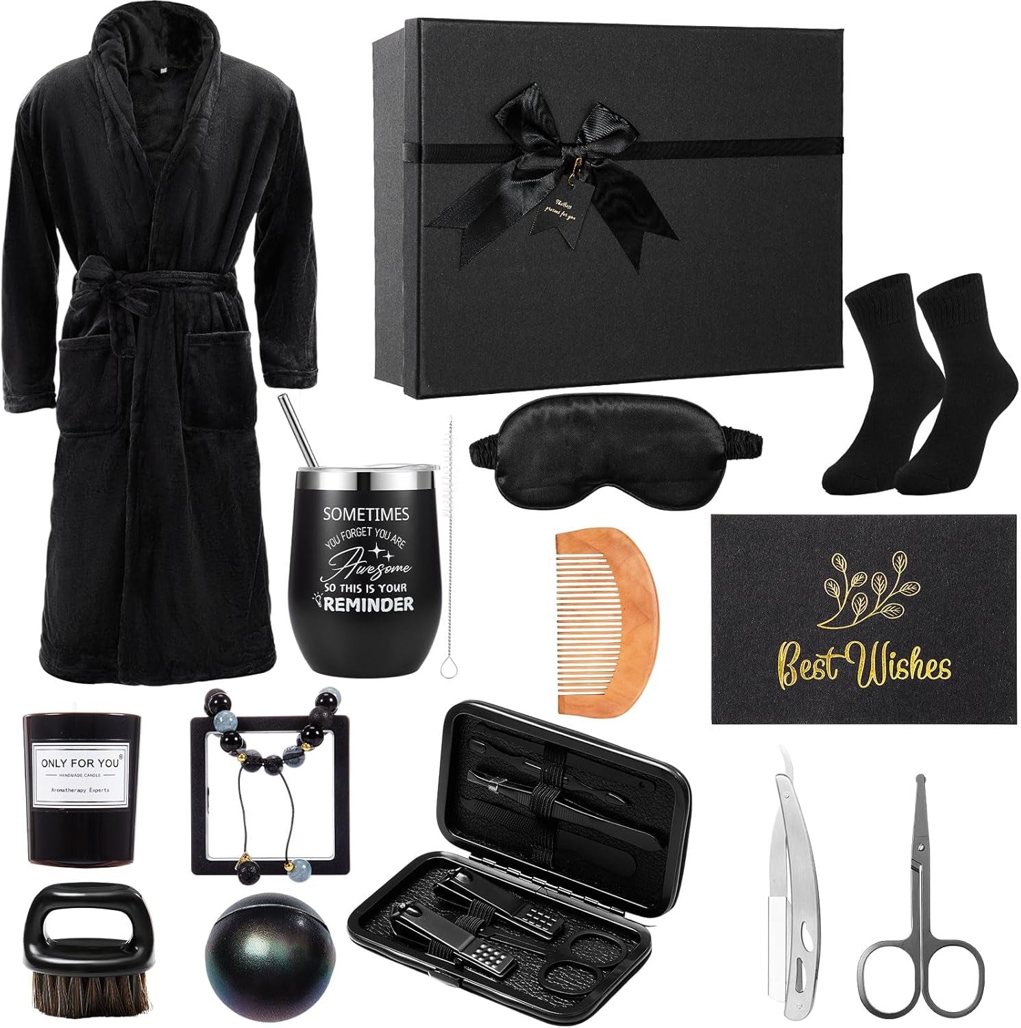 15 Pcs Birthday Gifts for Men Beard Care Set for Him Valentine'S Day Gifts Basket Ideas Kit for Men Tumbler Bath Robe for Dad Husband Boyfriend Box(Black)