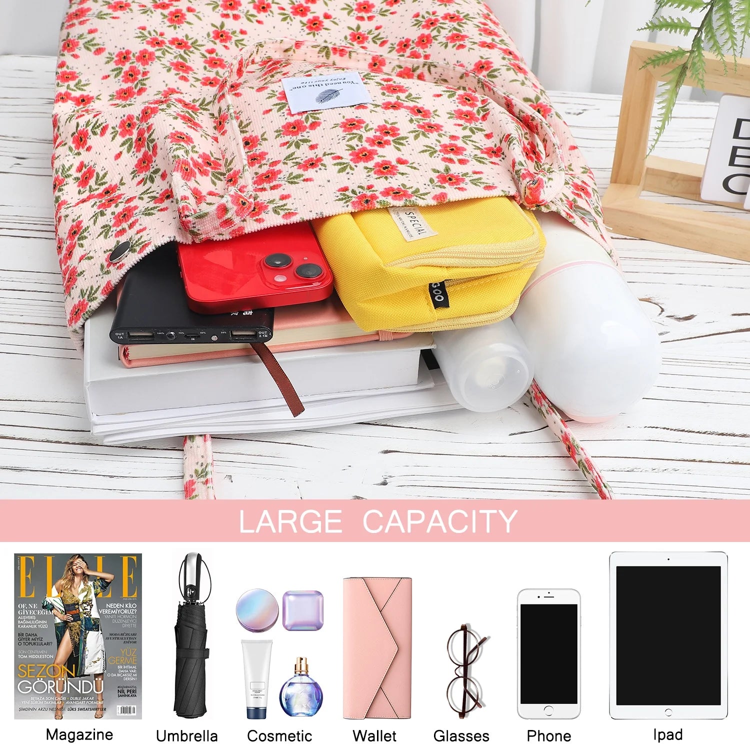 Corduroy Tote Bag with Inner Pocket, Large Canvas Shoulder Bag for Women and Girls