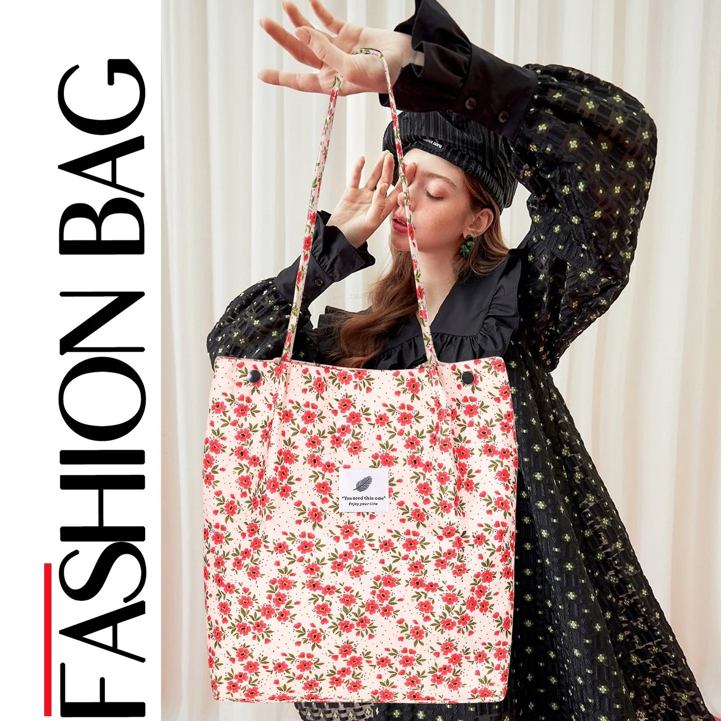 Corduroy Tote Bag with Inner Pocket, Large Canvas Shoulder Bag for Women and Girls