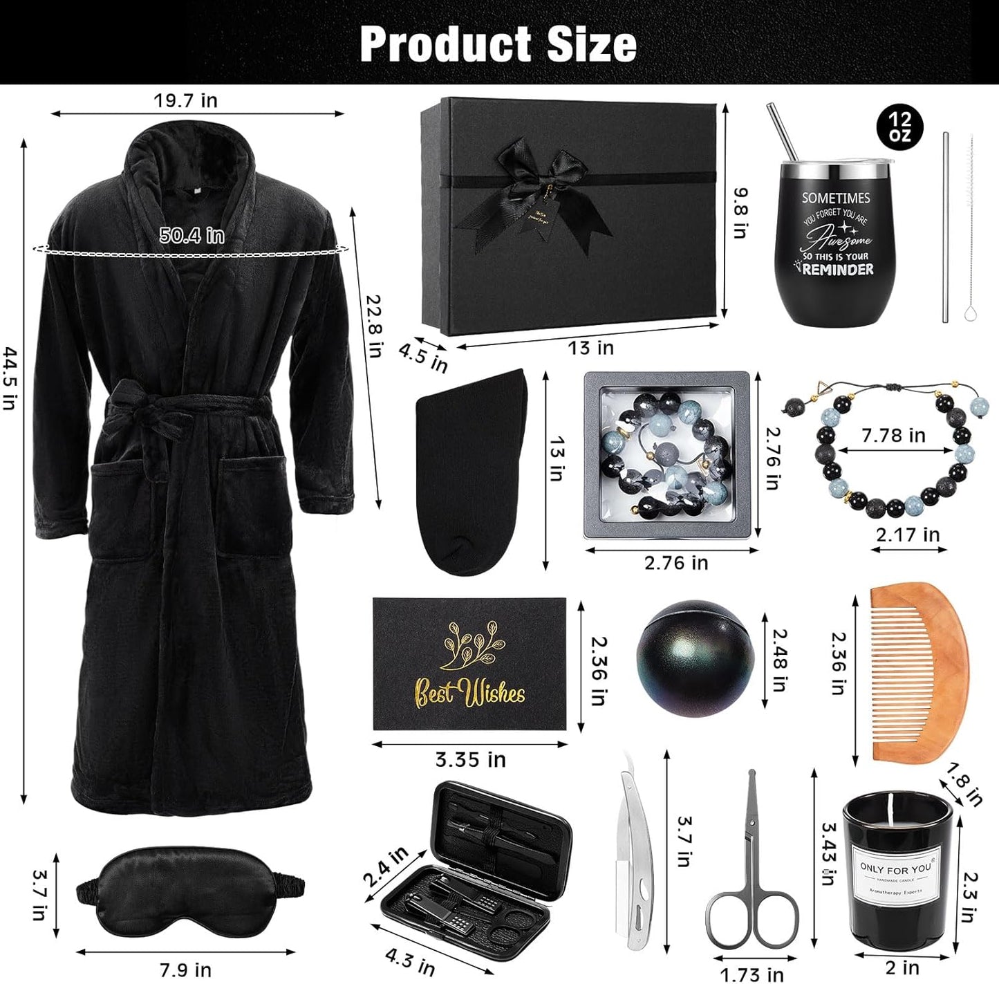 15 Pcs Birthday Gifts for Men Beard Care Set for Him Valentine'S Day Gifts Basket Ideas Kit for Men Tumbler Bath Robe for Dad Husband Boyfriend Box(Black)